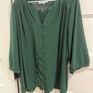 Rose & Olive Deep Green Swiss Dot Button-Front Blouse
